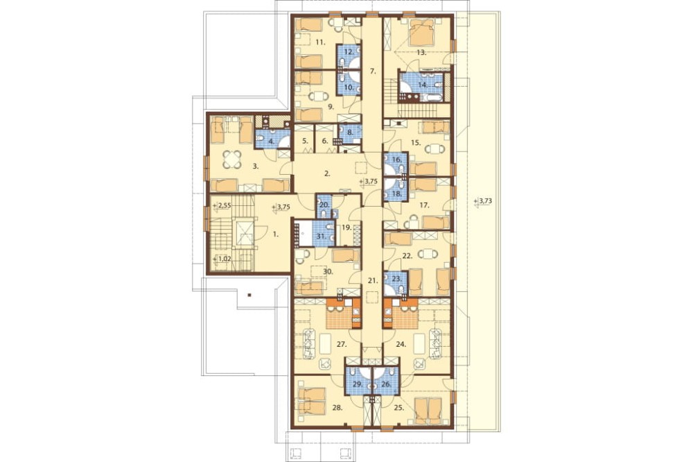 Projekt domu weselnego z pokojami gościnnymi i częścią mieszkalną K-58 C, parterowy z poddaszem użytkowym, podpiwniczony, z dwoma garażami dwustanowiskowymi - rzut poddasza