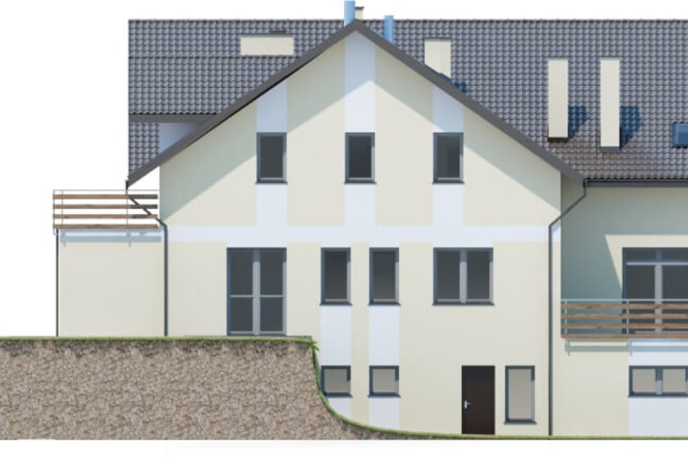 Projekt domu weselnego z pokojami gościnnymi i częścią mieszkalną K-58 C, parterowy z poddaszem użytkowym, podpiwniczony, z dwoma garażami dwustanowiskowymi - elewacja ogrodowa