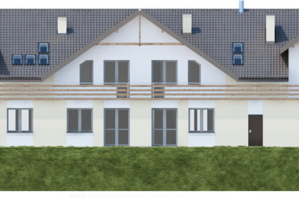 Projekt domu weselnego z pokojami gościnnymi i częścią mieszkalną K-58 C, parterowy z poddaszem użytkowym, podpiwniczony, z dwoma garażami dwustanowiskowymi - elewacja prawa