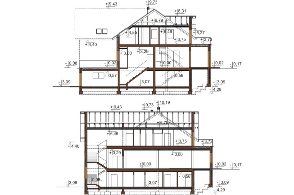Projekt domu weselnego z pokojami gościnnymi i częścią mieszkalną K-58 C, parterowy z poddaszem użytkowym, podpiwniczony, z dwoma garażami dwustanowiskowymi - przekrój A-A