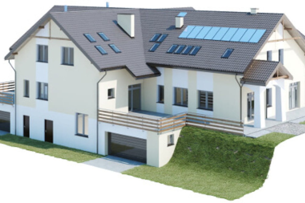 Projekt domu weselnego z pokojami gościnnymi i częścią mieszkalną K-58 C, parterowy z poddaszem użytkowym, podpiwniczony, z dwoma garażami dwustanowiskowymi - model