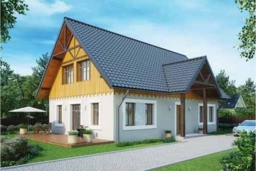 Projekt domu Orzesznik DM-6607,  dom parterowy z poddaszem użytkowym,  niepodpiwniczony - kolorystyka wersja 1