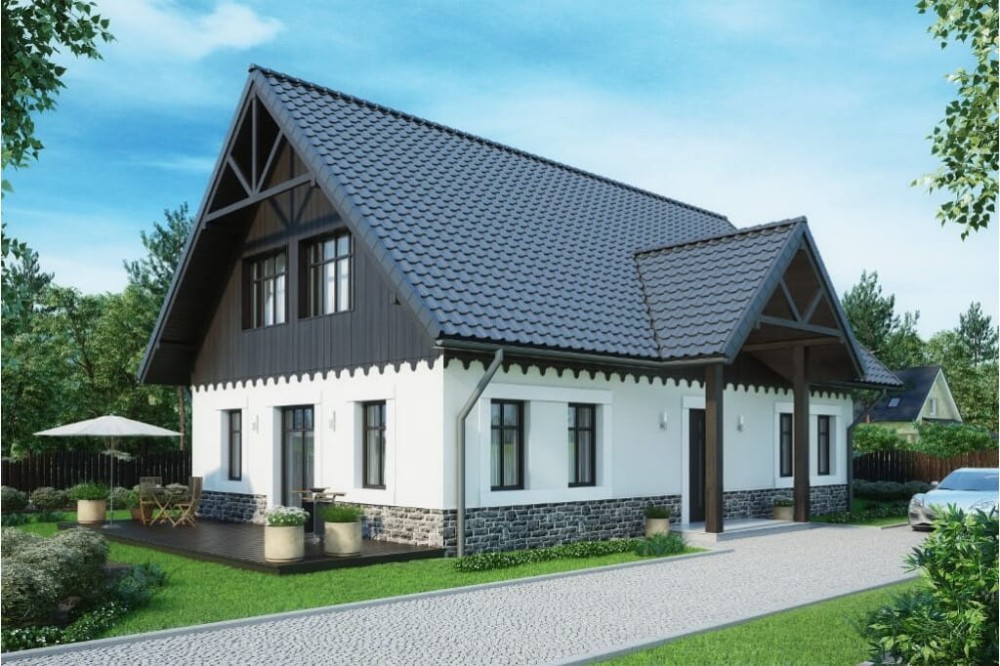 Projekt domu Orzesznik DM-6607,  dom parterowy z poddaszem użytkowym,  niepodpiwniczony - kolorystyka wersja 2
