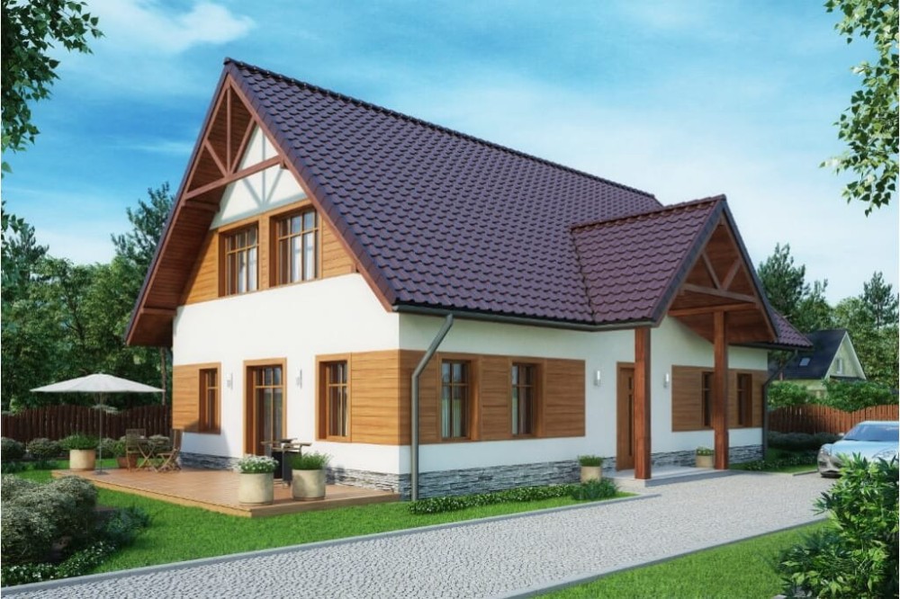 Projekt domu Orzesznik DM-6607,  dom parterowy z poddaszem użytkowym,  niepodpiwniczony - kolorystyka wersja 4