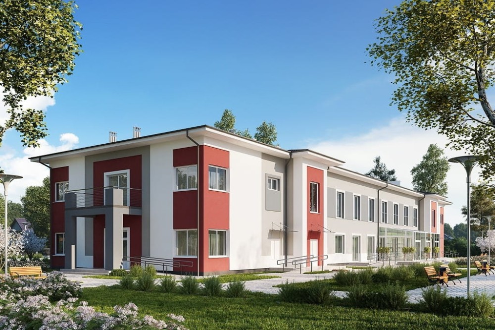 Projekt domu opieki dla osób starszych  K-124, piętrowy, niepodpiwniczony i bez garażu-kolorystyka wersja 1