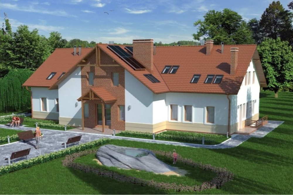 Projekt restauracji, domu weselnego K-18 C,  parterowy z poddaszem użytkowym, częściowo podpiwniczony - kolorystyka wersja 2