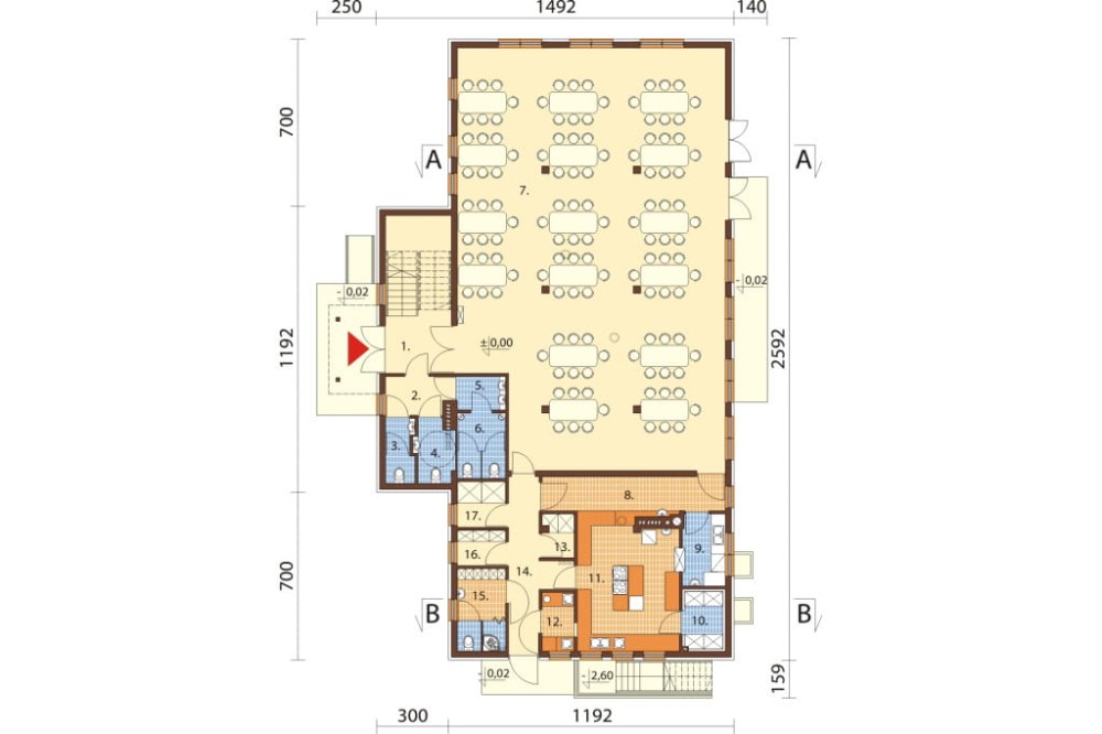 Projekt restauracji, domu weselnego K-18 C,  parterowy z poddaszem użytkowym, częściowo podpiwniczony - rzut parteru