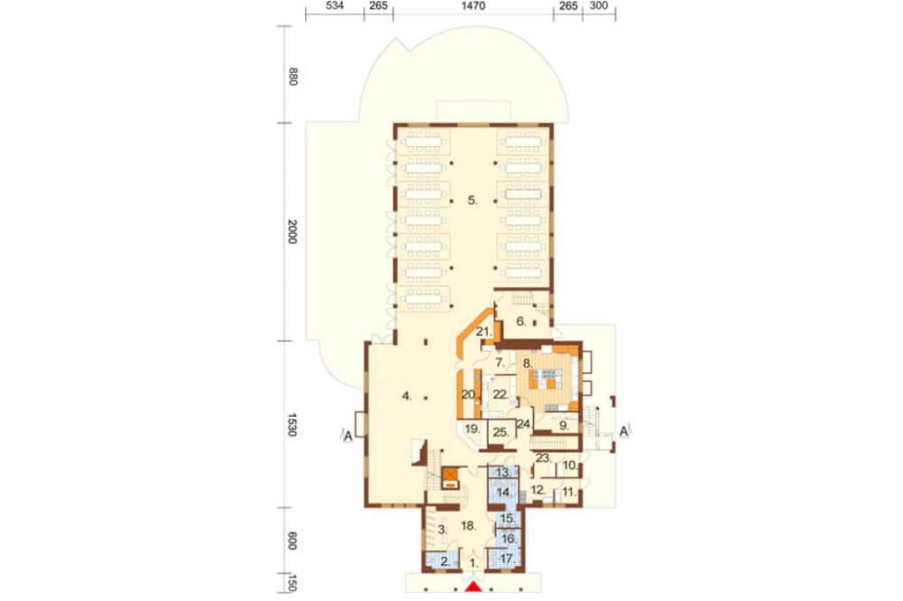 Projekt hotelu K-12, budynek piętrowy z poddaszem użytkowym, częściowo podpiwniczony - rzut parteru