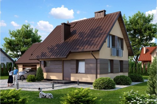 Projekt domu Rudnica 2 L-6518, parterowy z poddaszem użytkowym, jednorodzinny, tradycyjny, z garażem dwustanowiskowym, bez podpiwniczenia-kolorystyka wersja 2