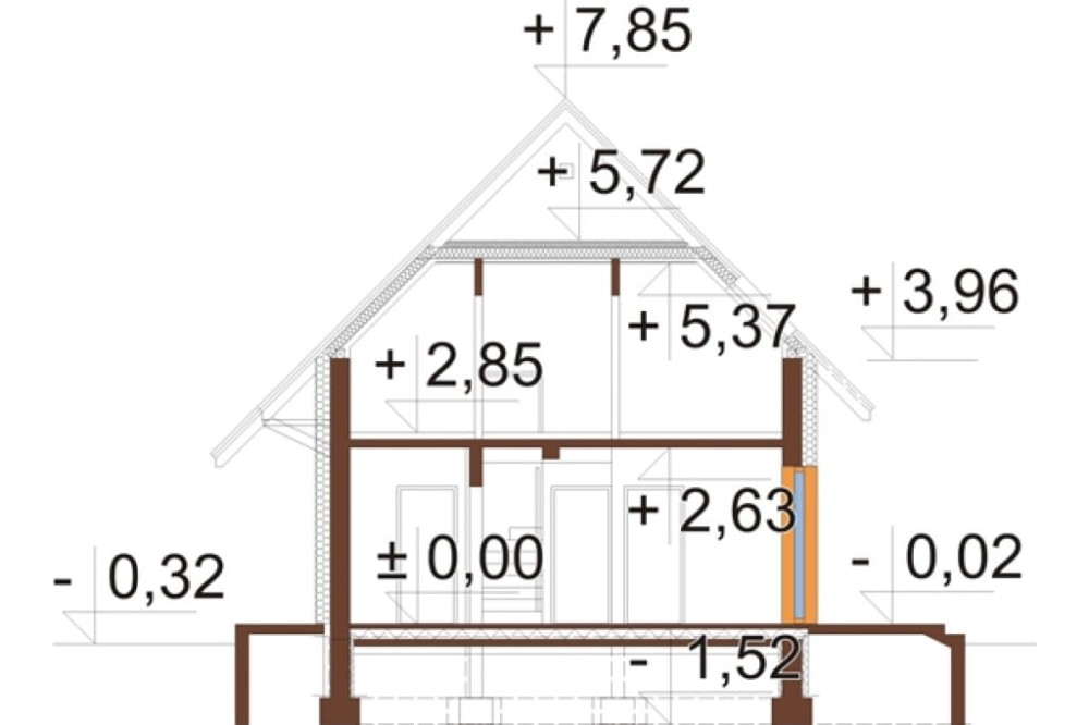 Projekt domu Rudnica 2 L-6518, parterowy z poddaszem użytkowym, jednorodzinny, tradycyjny, z garażem dwustanowiskowym, bez podpiwniczenia -przekrój A-A