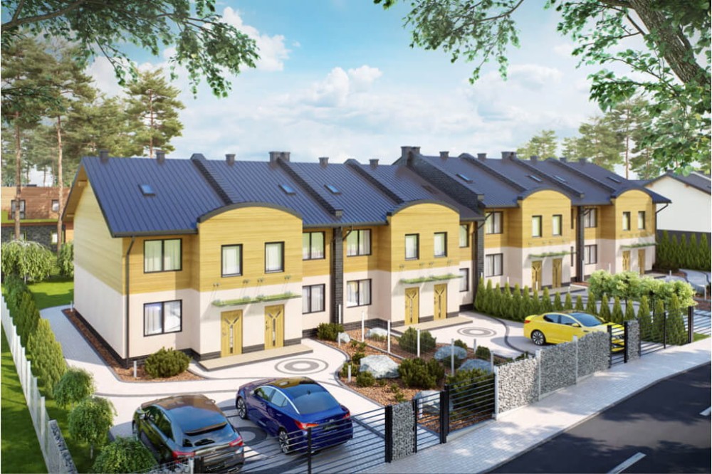 Projekt budynku mieszkalnego w zabudowie szeregowej L-6502, piętrowy, bez podpiwniczenia, bez garażu - kolorystyka wersja 1