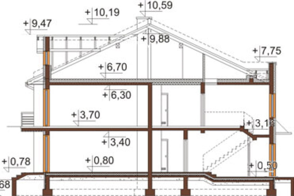 Projekt budynku mieszkalnego w zabudowie szeregowej L-6502, piętrowy, bez podpiwniczenia, bez garażu - przekrój A-A