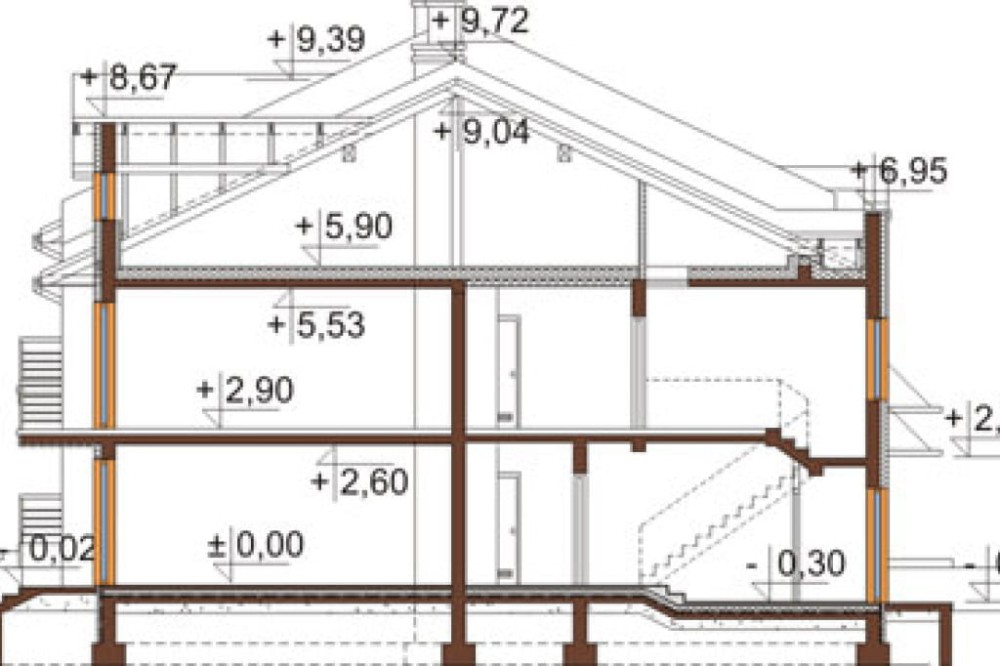 Projekt budynku mieszkalnego w zabudowie szeregowej L-6502, piętrowy, bez podpiwniczenia, bez garażu - przekrój B-B