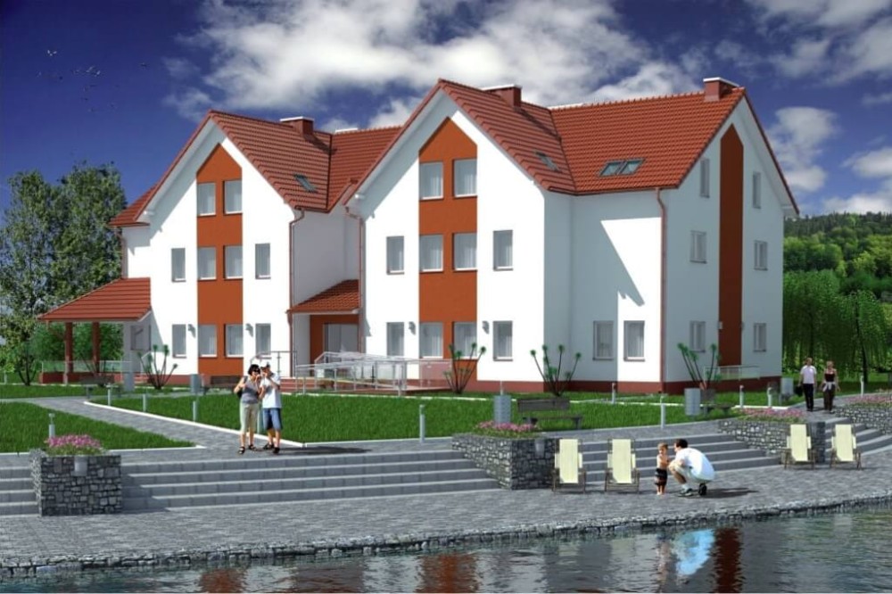 Projekt pensjonatu K-28, piętrowy z poddaszem użytkowym, podpiwniczony, bez garażu - kolorystyka wersja 3