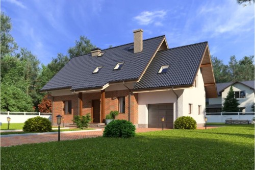 Projekt domu Modraczków 1 DM-6610, dwukondygnacyjny bez podpiwniczenia, z garażem jednostanowiskowym - kolorystyka wersja 1