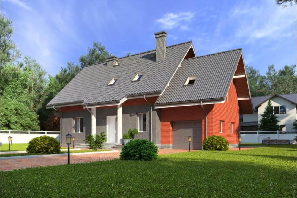 Projekt domu Modraczków 1 DM-6610, dwukondygnacyjny bez podpiwniczenia, z garażem jednostanowiskowym - kolorystyka wersja 3