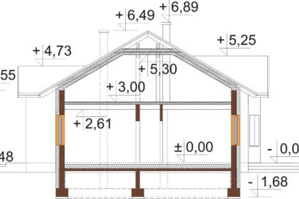 Projekt domu Barwinkowo DM-6565, parterowy, niepodpiwniczony z garażem jednostanowiskowym oraz antresolą - przekrój B-B