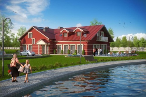 Projekt restauracji, domu weselnego K-47, parterowy z poddaszem użytkowym, częściowo podpiwniczony - kolorystyka wersja 1