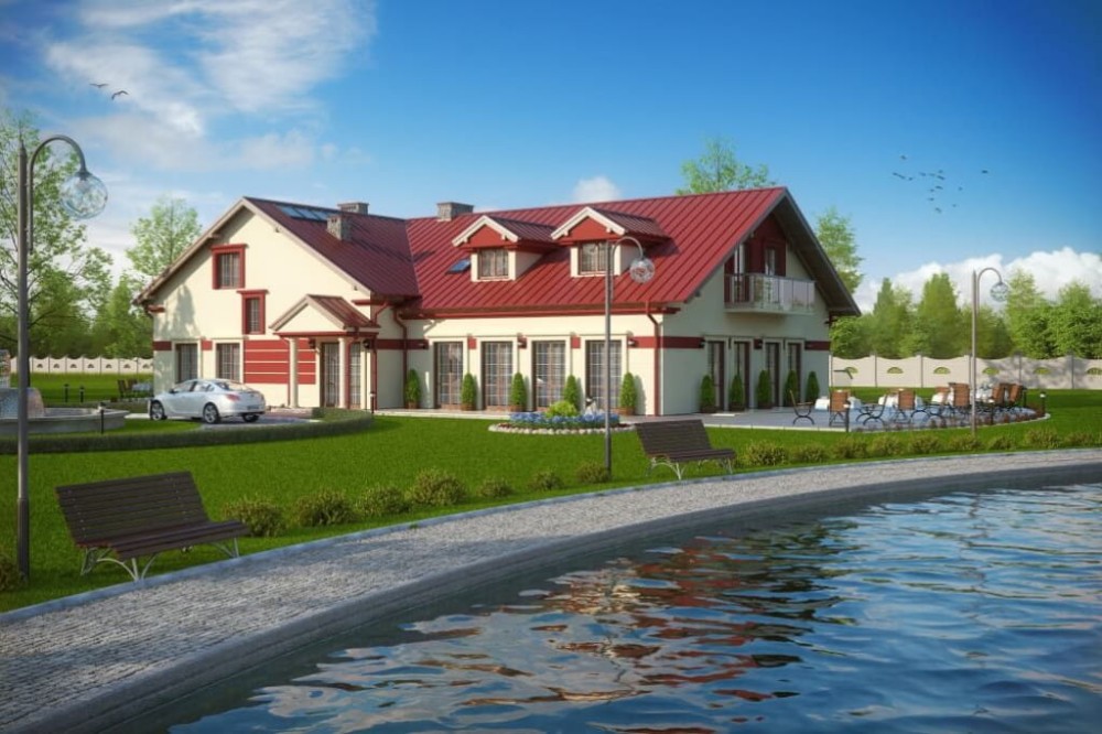 Projekt restauracji, domu weselnego K-47, parterowy z poddaszem użytkowym, częściowo podpiwniczony - kolorystyka wersja 3