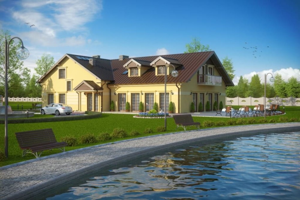Projekt restauracji, domu weselnego K-47, parterowy z poddaszem użytkowym, częściowo podpiwniczony - kolorystyka wersja 4