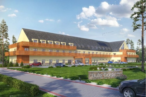 Projekt hotelu K-97, dwukondygnacyjny ze strychem nieużytkowym, niepodpiwniczony - kolorystyka wersja 1