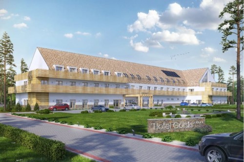 Projekt hotelu K-97, dwukondygnacyjny ze strychem nieużytkowym, niepodpiwniczony - kolorystyka wersja 2