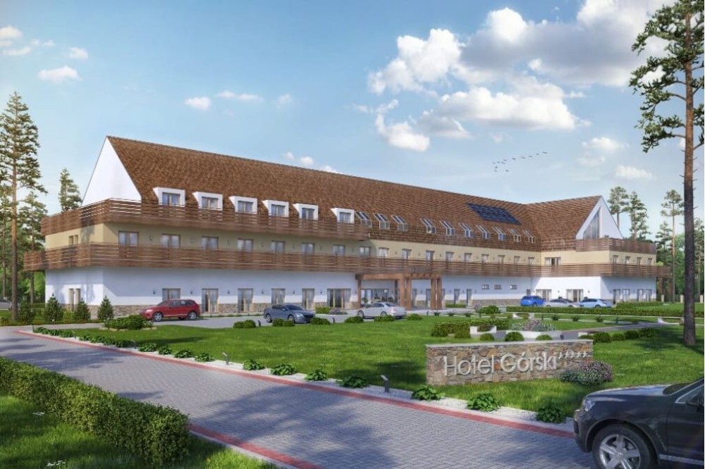 Projekt hotelu K-97, dwukondygnacyjny ze strychem nieużytkowym, niepodpiwniczony - kolorystyka wersja 3