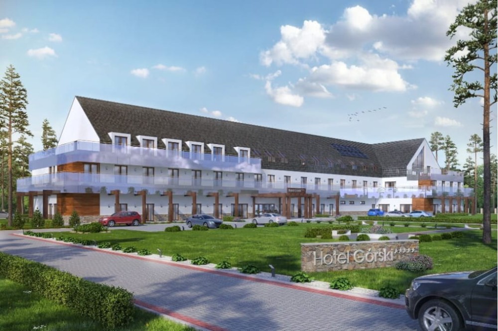 Projekt hotelu K-97, dwukondygnacyjny ze strychem nieużytkowym, niepodpiwniczony - kolorystyka wersja 4