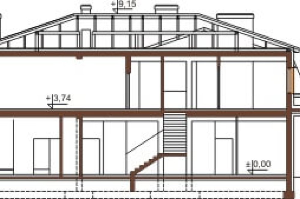 Projekt budynku usługowo-mieszkalnego K-14, budynek piętrowy, bez podpiwniczenia - przekrój A-A