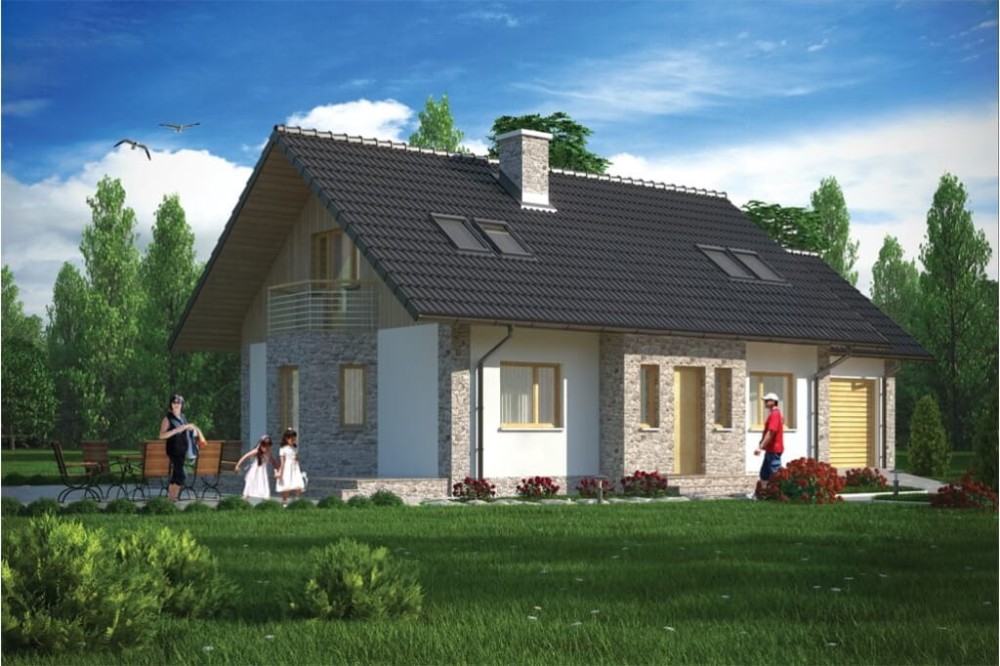 Projekt domu Zacisze N DM-6168 N, parterowy z poddaszem mieszkalnym, bez podpiwniczenia z garażem - kolorystyka wersja 1