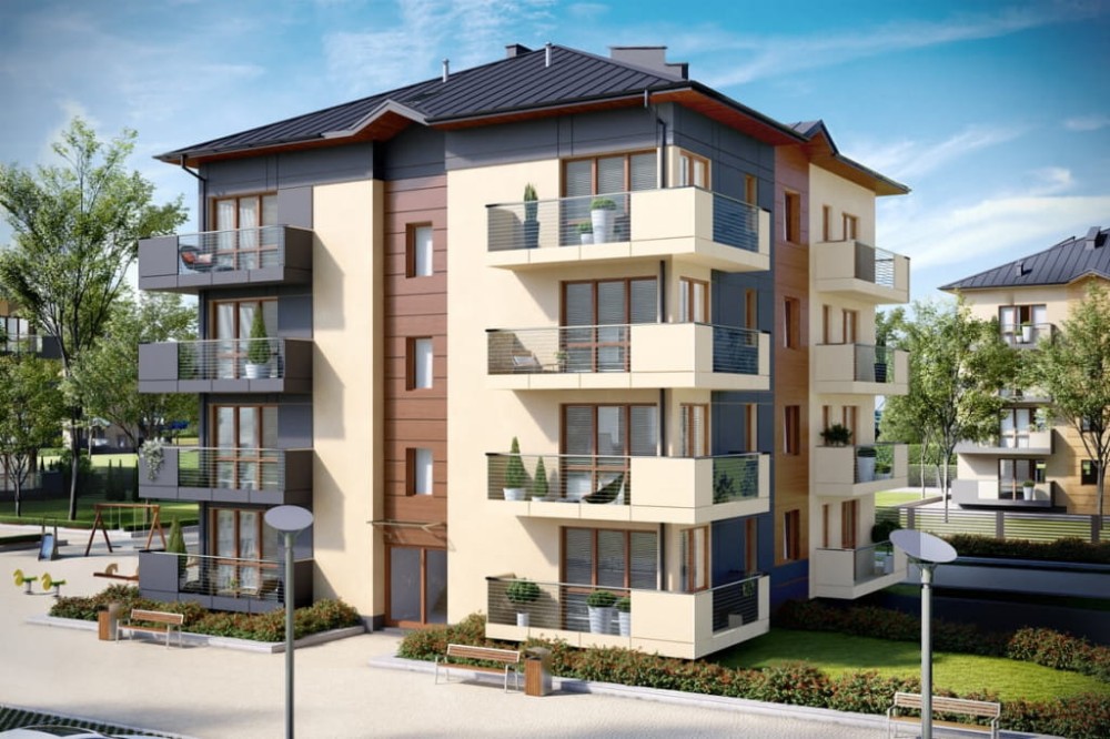 Projekt budynku wielorodzinnego L-6496 B, trzypiętrowy, ze strychem nieużytkowym z mozliwością do adaptacji, z garażem podziemnym - kolorystyka wersja 1