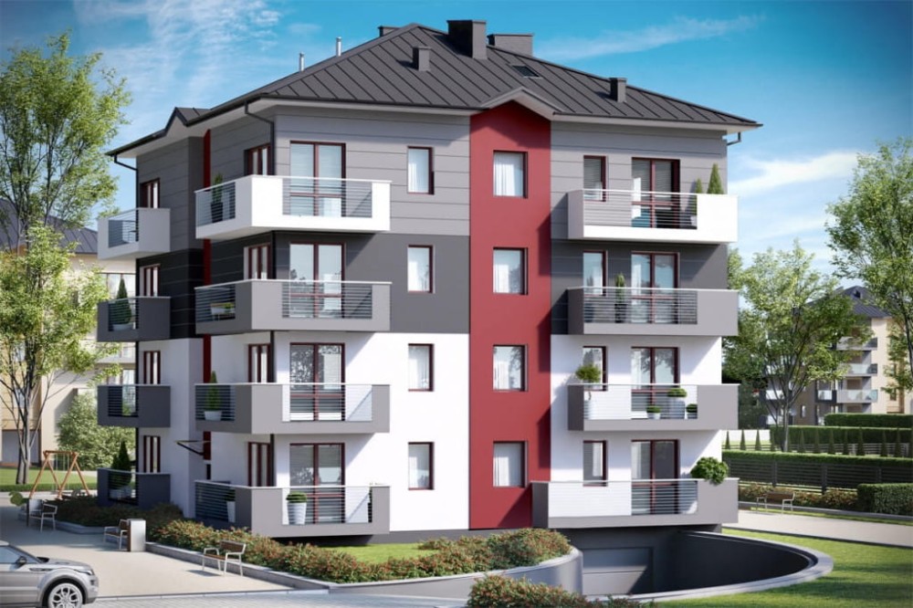 Projekt budynku wielorodzinnego L-6496 B, trzypiętrowy, ze strychem nieużytkowym z mozliwością do adaptacji, z garażem podziemnym - kolorystyka wersja 3