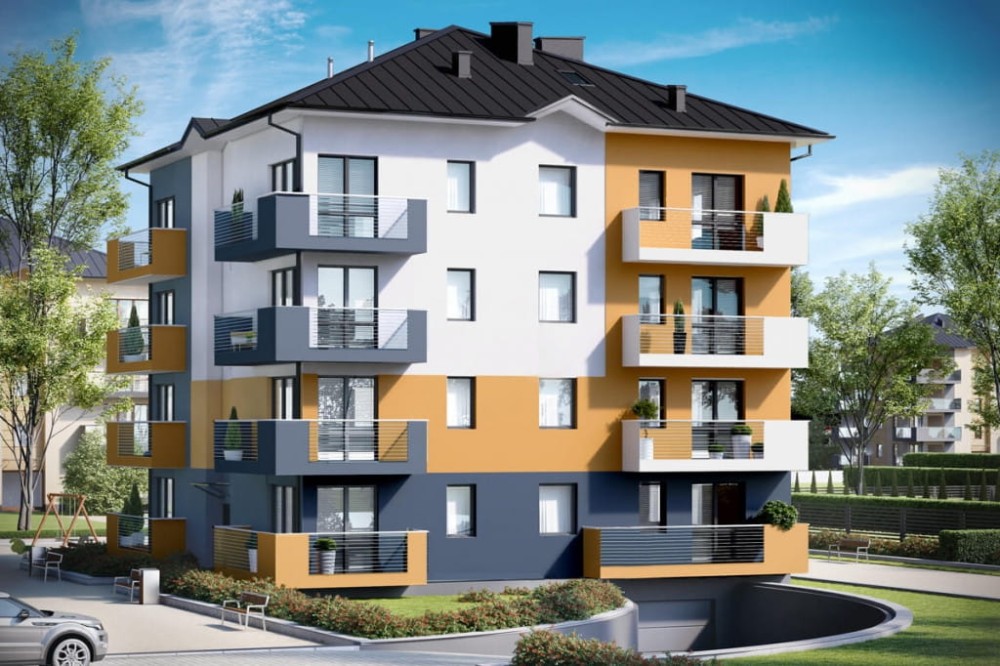 Projekt budynku wielorodzinnego L-6496 B, trzypiętrowy, ze strychem nieużytkowym z mozliwością do adaptacji, z garażem podziemnym - kolorystyka wersja 4