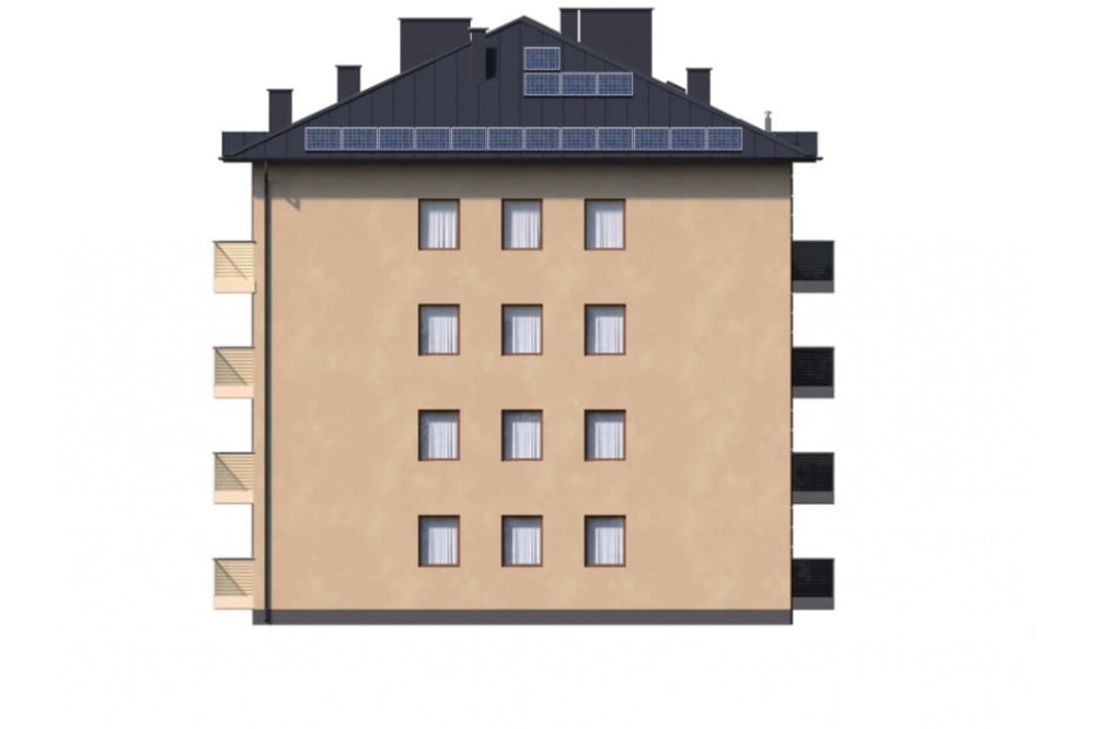 Projekt budynku wielorodzinnego L-6496 B, trzypiętrowy, ze strychem nieużytkowym z mozliwością do adaptacji, z garażem podziemnym - elewacja ogrodowa