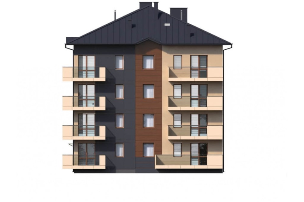 Projekt budynku wielorodzinnego L-6496 B, trzypiętrowy, ze strychem nieużytkowym z mozliwością do adaptacji, z garażem podziemnym - elewacja prawa