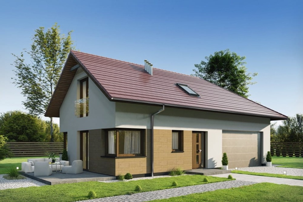 Projekt domu Flaroca DM-6740, parterowy z poddaszem użytkowym, garażem dwustanowiskowym, niepodpiwniczony - kolorystyka wersja 2