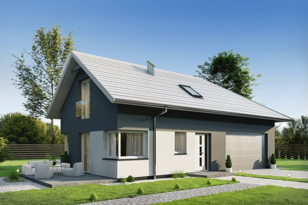 Projekt domu Flaroca DM-6740, parterowy z poddaszem użytkowym, garażem dwustanowiskowym, niepodpiwniczony - kolorystyka wersja 3