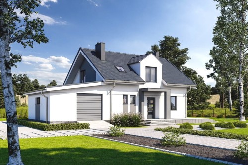 Projekt domu Emporia DM-6697, dwumieszkaniowy, parterowy z poddaszem użytkowym, z garażem jednostanowiskowym - kolorystyka wersja 2