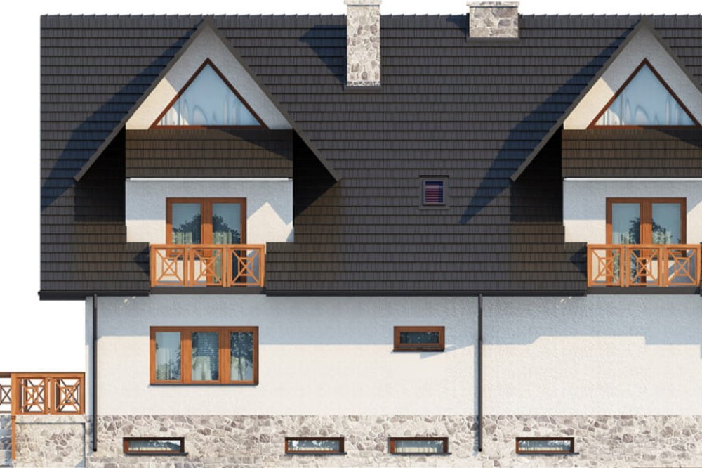 Projekt domu Zakopane 2 L-6551, piętrowy z poddaszem użytkowym i podpiwniczeniem - elewacja ogrodowa