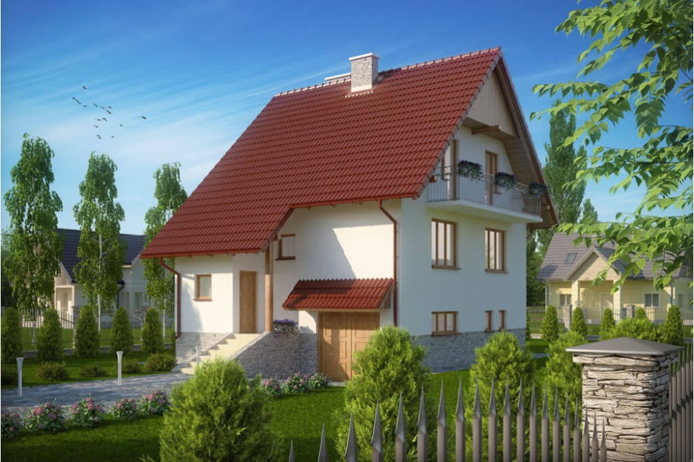 Projekt domu Skoczewo DM-6088, parterowy z poddaszem mieszkalnym z garażem, podpiwniczony - kolorystyka wersja 3