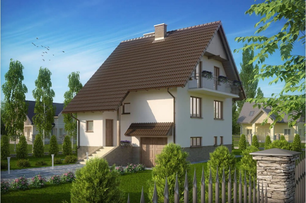 Projekt domu Skoczewo DM-6088, parterowy z poddaszem mieszkalnym z garażem, podpiwniczony - kolorystyka wersja 4