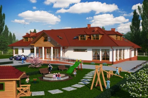 Projekt przedszkola K-45, parterowy z poddaszem użytkowym, bez podpiwniczenia - kolorystyka wersja 1