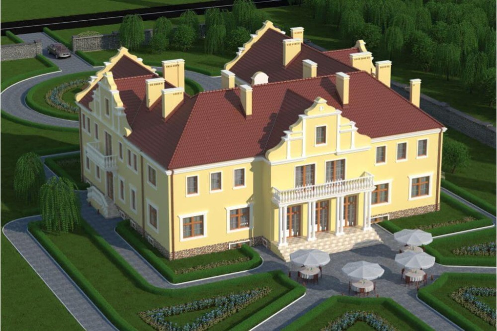 Projekt pensjonatu K-25, piętrowy, podpiwniczony, z garażem dwustanowiskowym - wizualizacja elewacji ogrodowej ujęcie 2