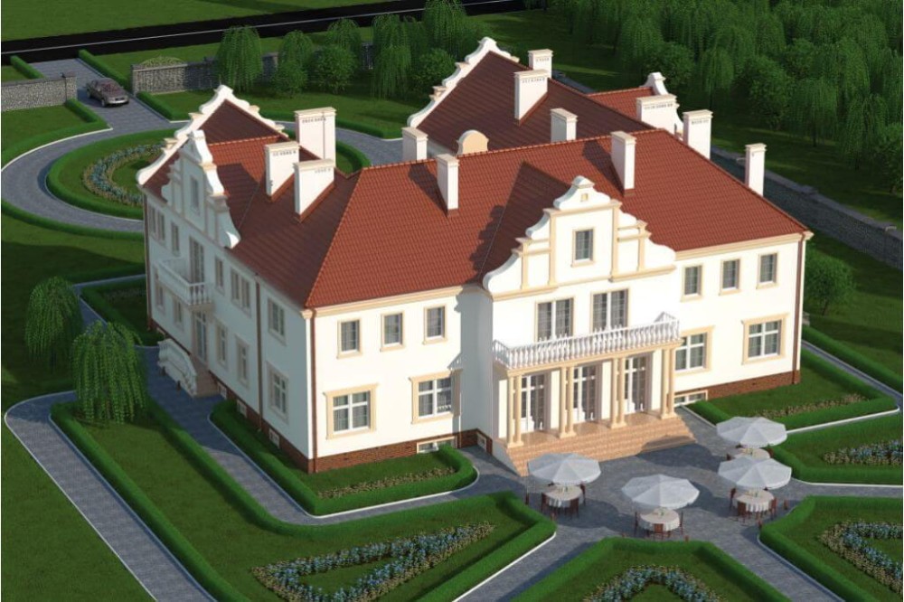 Projekt pensjonatu K-25, piętrowy, podpiwniczony, z garażem dwustanowiskowym - wizualizacja elewacji ogrodowej ujęcie 3