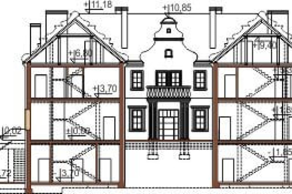 Projekt pensjonatu K-25, piętrowy, podpiwniczony, z garażem dwustanowiskowym - przekrój A-A