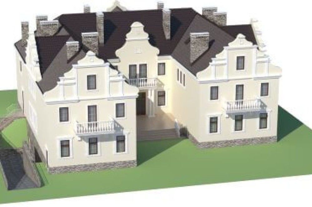 Projekt pensjonatu K-25, piętrowy, podpiwniczony, z garażem dwustanowiskowym - model