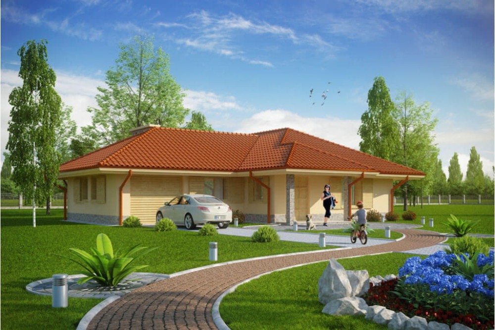 Projekt domu Sękocin DM-6097, parterowy z garażem, bez podpiwniczenia - kolorystyka wersja 1