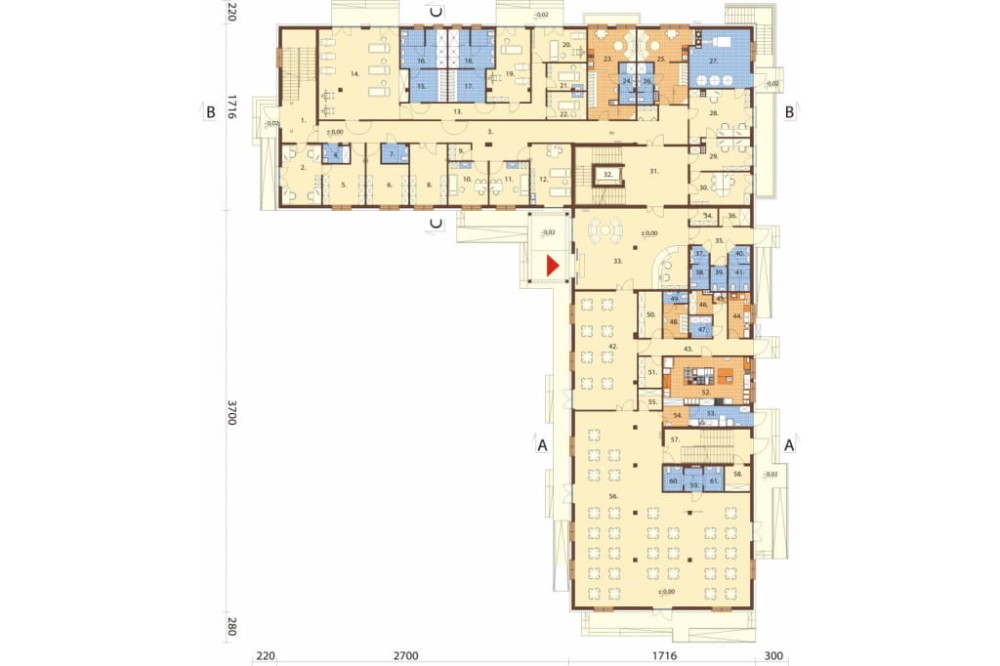 Projekt domu opieki dla osób starszych LK-54 B, budynek dwupiętrowy ze strychem nieużytkowym, częściowo podpiwniczony, bez garażu - rzut parteru