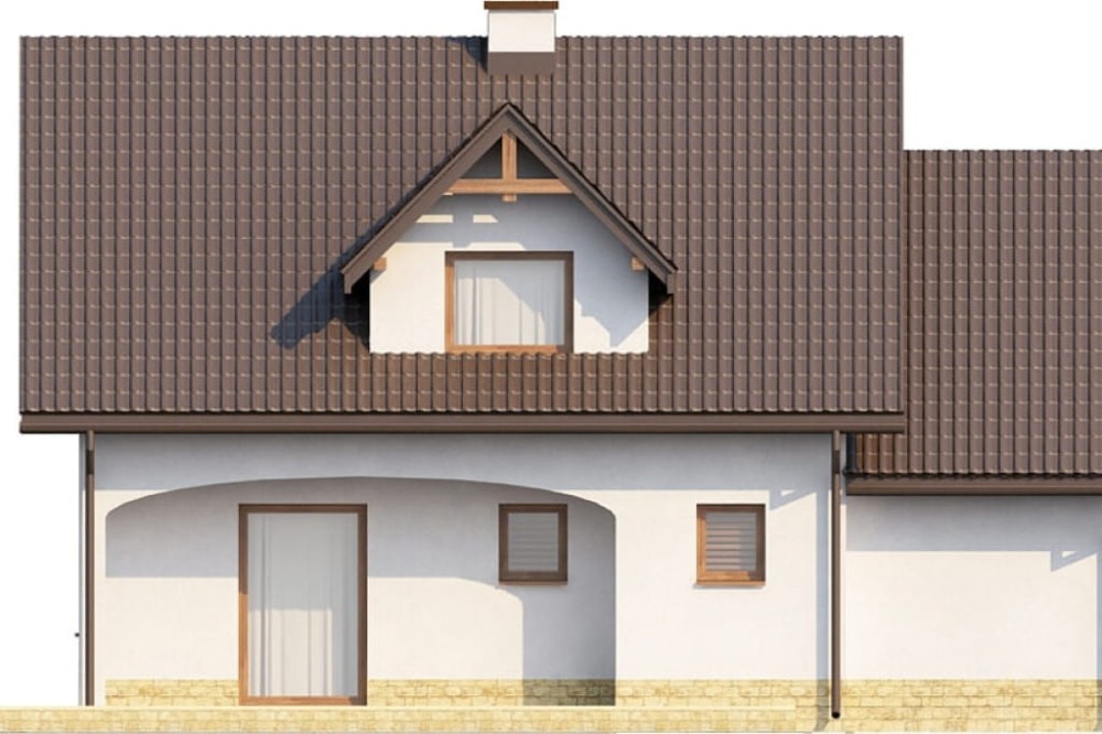 Projekt domu Piotrkowice L-6218, parterowy z poddaszem mieszkalnym, częściowo podpiwniczony, z garażem - elewacja ogrodowa