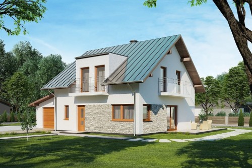 Projekt domu Ervia DM-6686, parterowy z poddaszem mieszkalnym, z garażem jednostanowiskowym - kolorystyka wersja 1